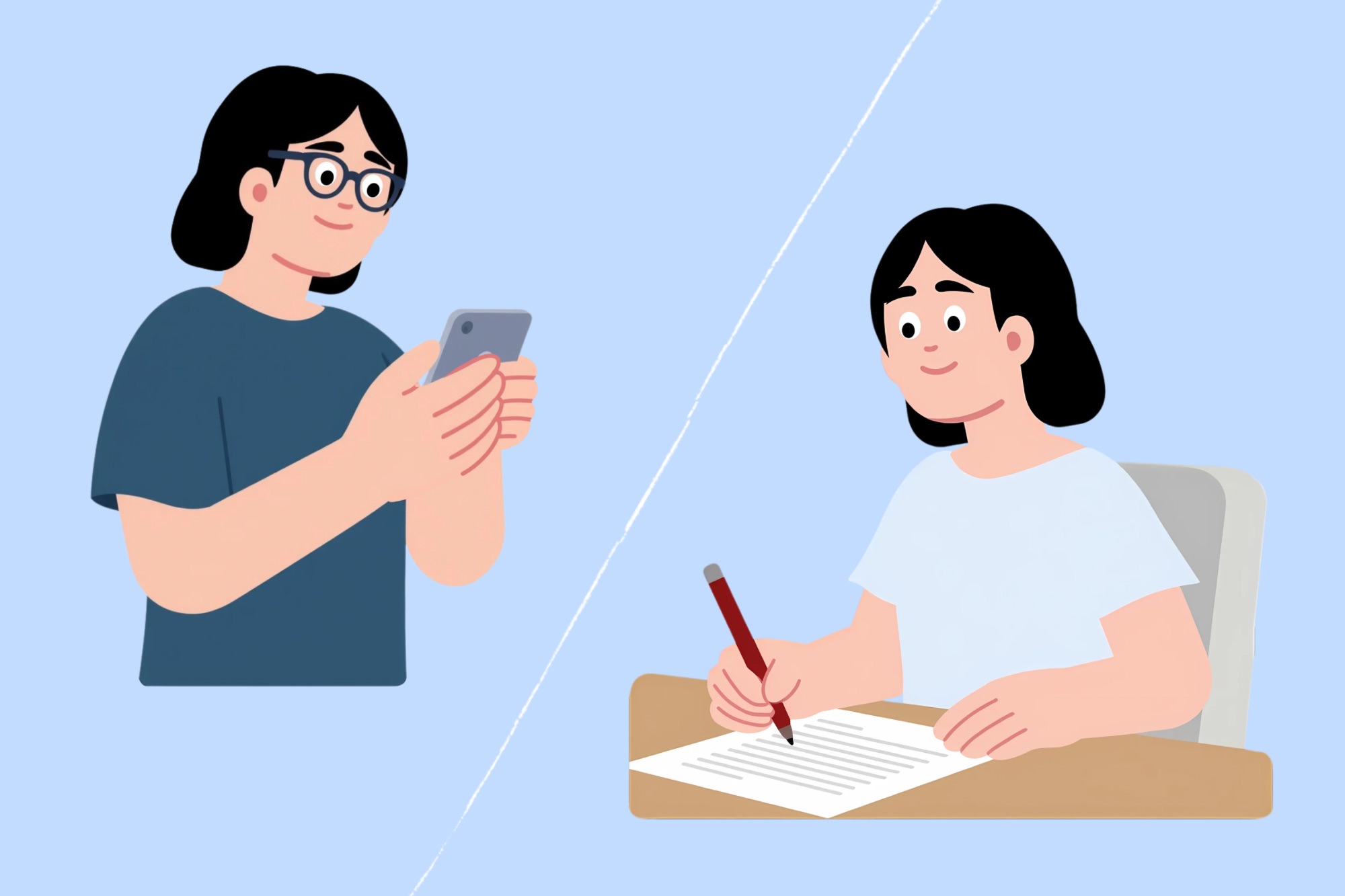 Zeichnung einer Frau mit Smartphone und einer Frau, die am Tisch sitzt und mit Stift auf Papier schreibt.