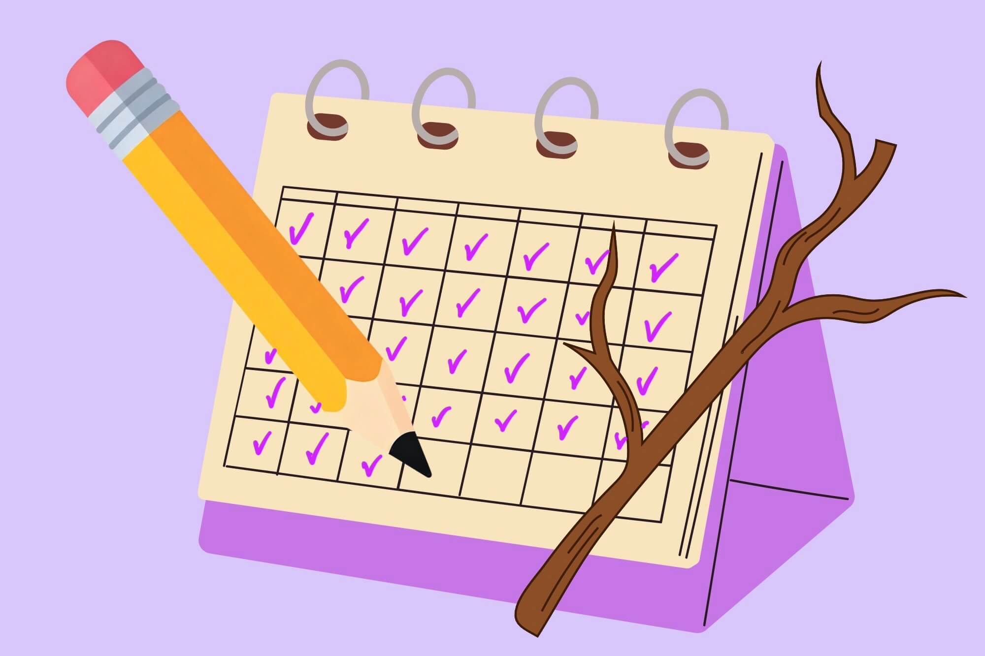 Kalender, auf dem jeder Tag des Monats abgehakt ist, mit Bleistift und Stöckchen