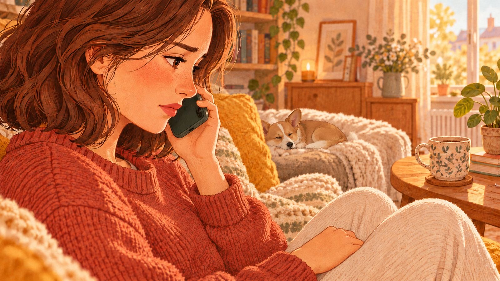 Comiczeichnung einer jungen Frau im orangefarbenen Strickpulli ind langen braunen Haaren, die ängstlich am Telefon wartet