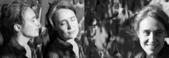 Doppelseite: Frau mit geschlossenen Augen, den Rücken zu Steinwand und Gesicht in der Sonne, einmal im Profil, einmal mit Gesicht zur Kamera, dieselbe Frau am rechten Bildrand mit Spiel von Licht und Schatten