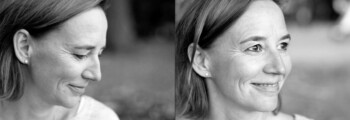 Doppelseite: Profilaufnahme einer Frau mit Blick nach unten, Halbprofil derselben Frau mit Blick in die Ferne