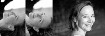 Doppelseite: Kopf einer liegenden Frau einmal mit Blick nach oben und einmal in die Kamera, Portrait derselben Frau lachen mit Blick nach hinten in die Kamera