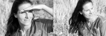 Doppelseite: Zweimal Frau mit langen Haaren und Jeanshemd sitzt im hohen Gras