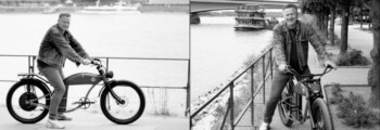 Doppelseite: Zweimal Mann auf Vintagerad am Rhein