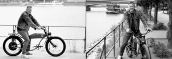 Doppelseite: Zweimal Mann auf Vintagerad am Rhein